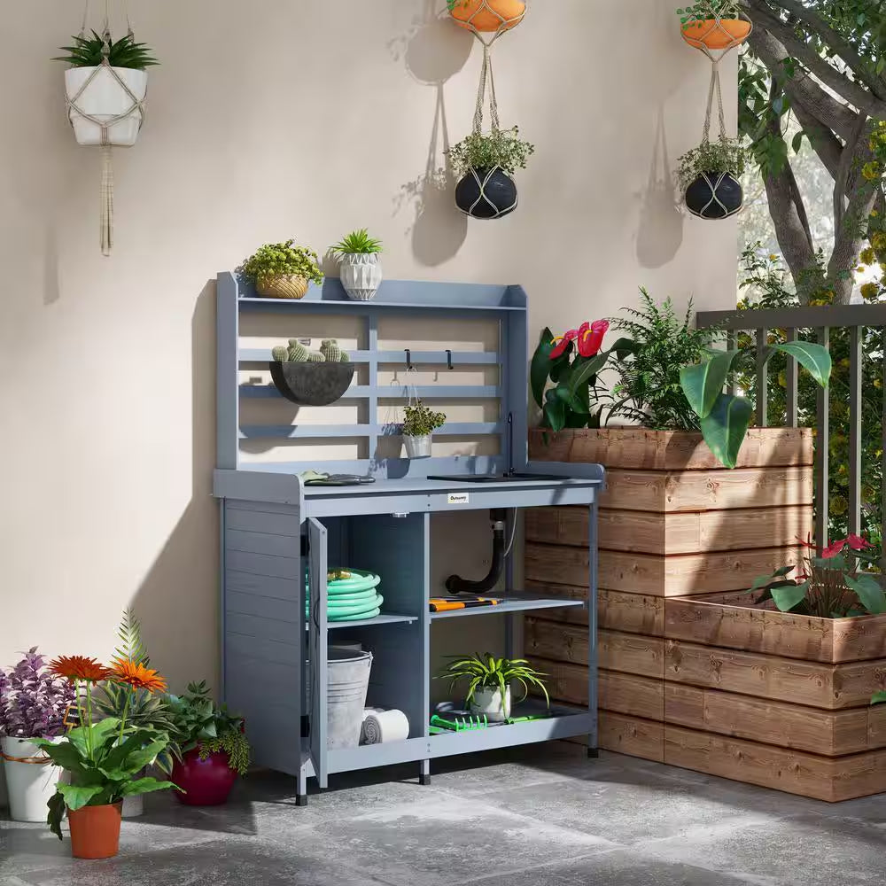 Wooden Potting Bench, Outdoor Potting Table with Storage Cabinet, Storage Shelves