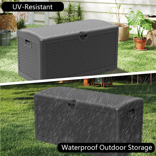 80 Gallon Lockable Resin Deck Box,Outdoor Storage Box Waterproof & Uv-Resistant for Toys Storage, Garden Tools, Rattan Texture/Black