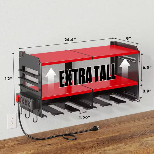 9 In. Black Steel Heavy Duty Power Tool Organizer Wall Rack with 4-Outlet Power Strip for Garage Storage