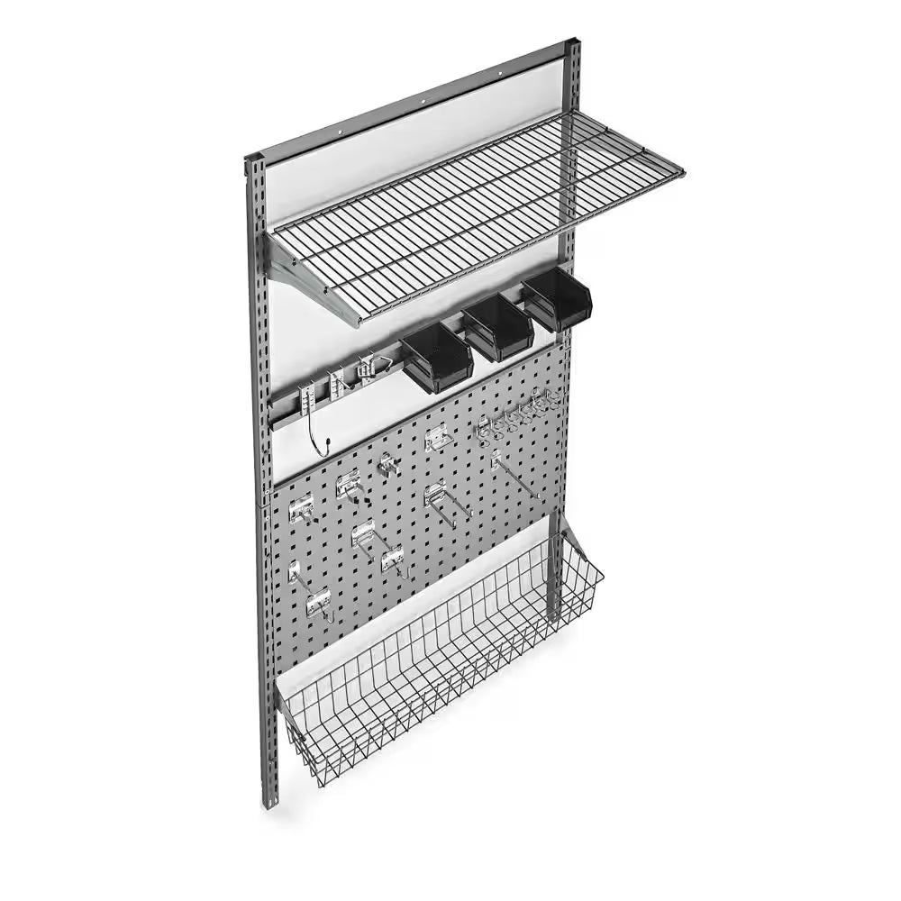 33 In. L X 63 In. H Locboard Wall Mount Storage System with Locboard, Lochook Asst, Wire Shelf and Basket, Hanging Bins