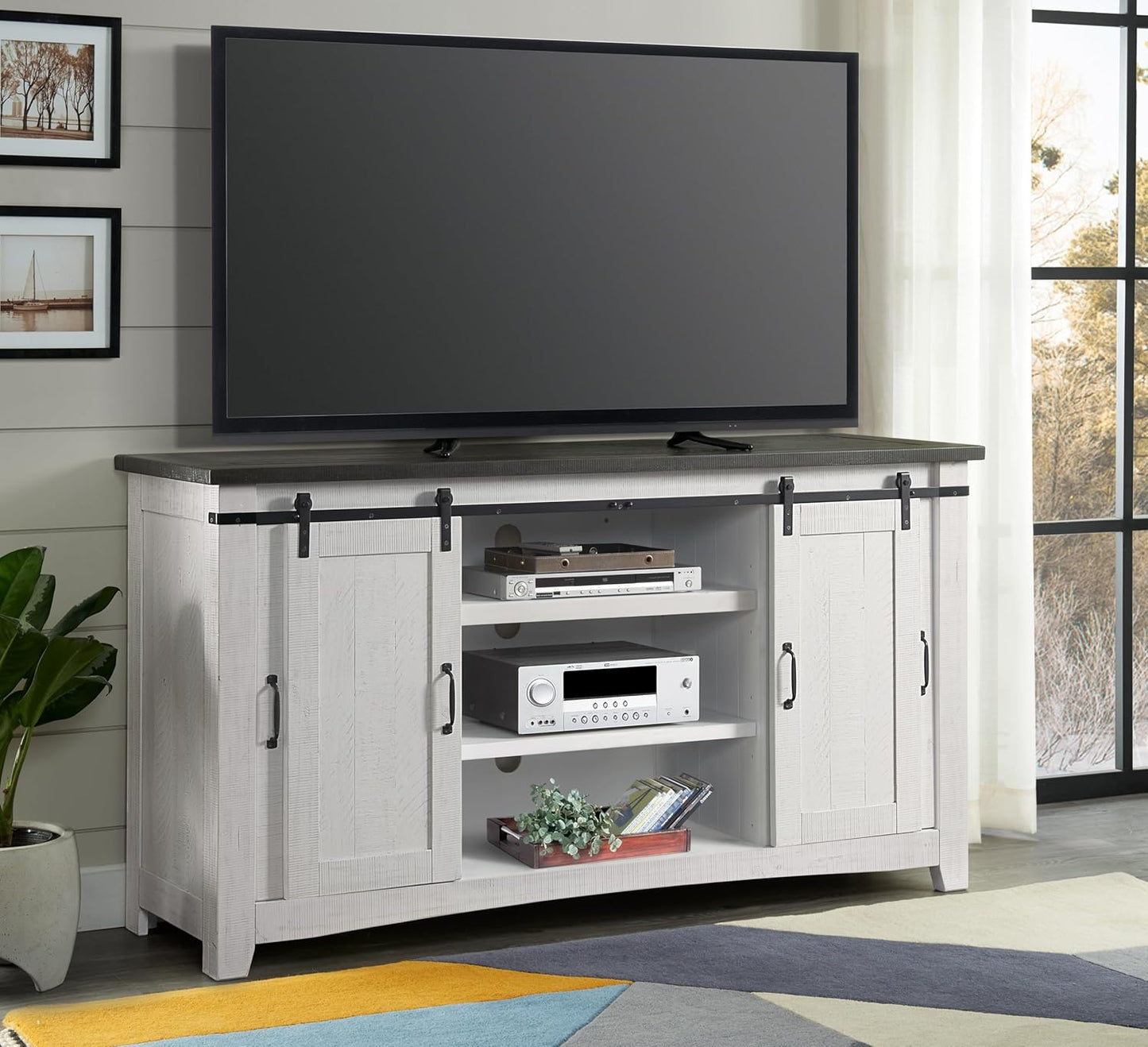 65" Solid Pine Wood Entertainment Center with Storage. Rustic TV Stand for Tvs up to 70." Sliding Doors, Adjustable Shelves & Cable Management – White and Grey Finish