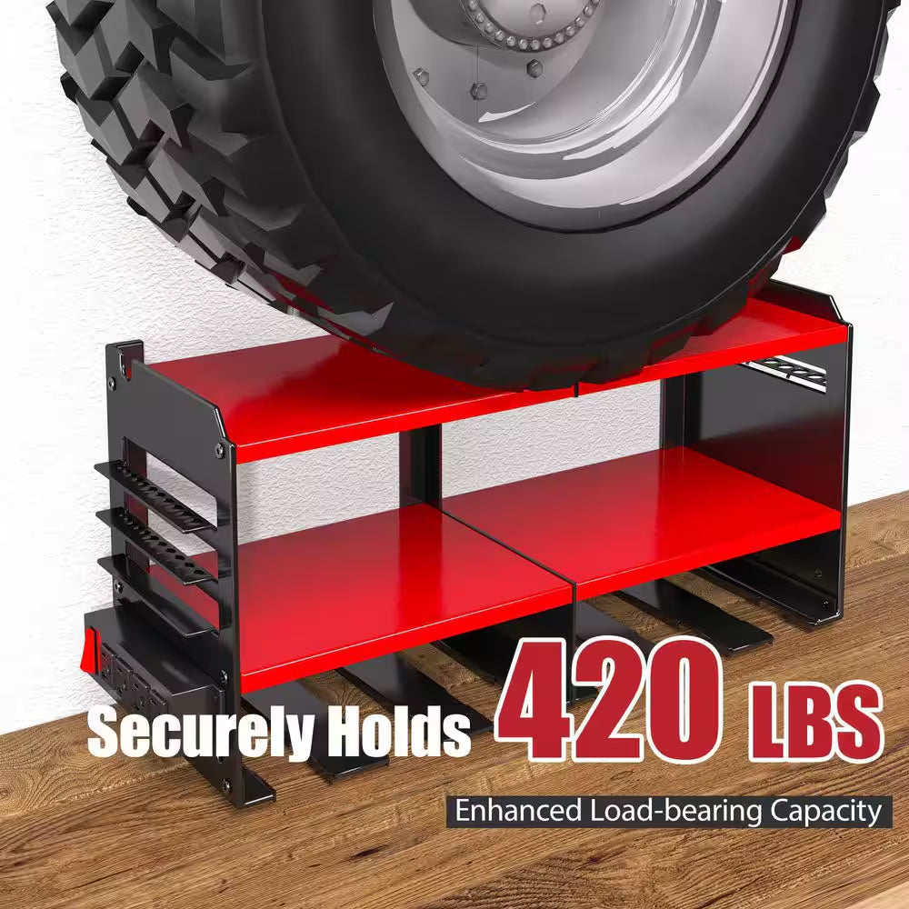 9 In. Black Steel Heavy Duty Power Tool Organizer Wall Rack with 4-Outlet Power Strip for Garage Storage