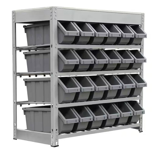 Gray 4-Tier Botless Bin Storage System Garage Storage Rack (24 Plastic Bins in 4 Tier)