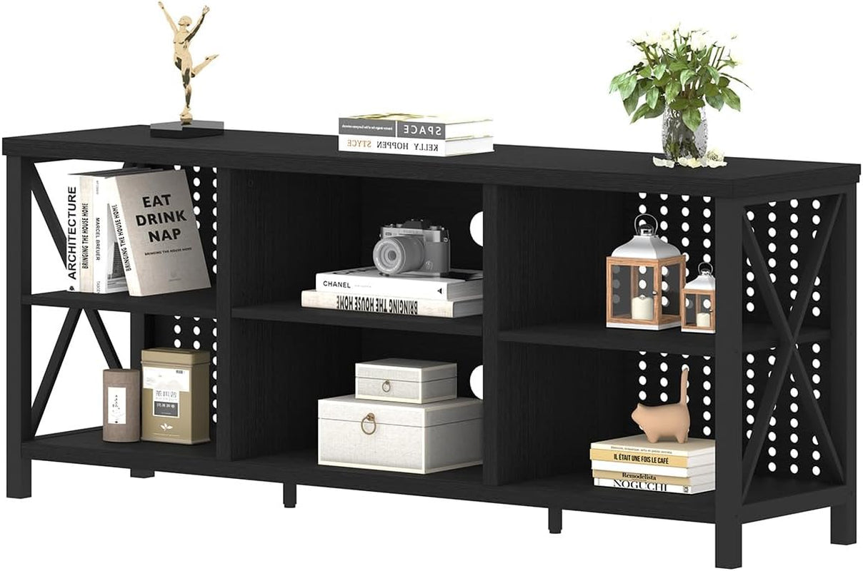 Black Entertainment Center, Modern Wood Metal TV Stand for 65 Inch TV, Industrial Television Stands with Cabinet Storage, Farmhouse Media Console Tables for Home Living Bedroom, Black Oak, 55 Inch