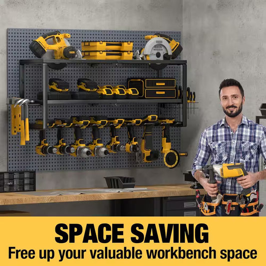 Heavy Duty Power Tool Organizer 32 In. Black Metal Extra Wide Slots Wall Rack with Drill Hanger Storage Shelf