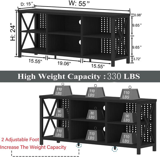 Black Entertainment Center, Modern Wood Metal TV Stand for 65 Inch TV, Industrial Television Stands with Cabinet Storage, Farmhouse Media Console Tables for Home Living Bedroom, Black Oak, 55 Inch