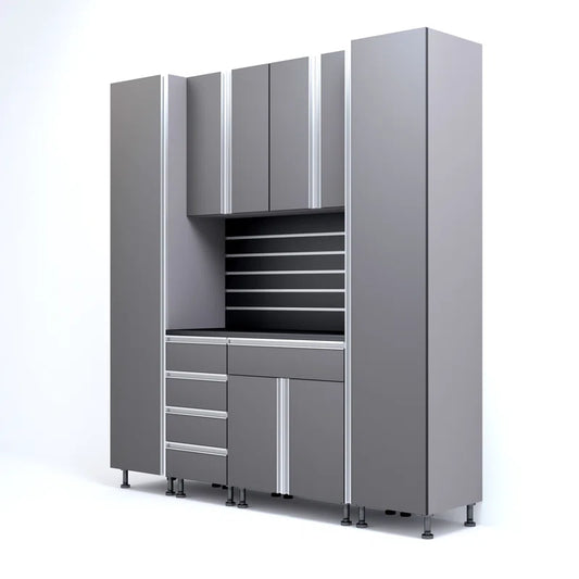 Premium Garage Cabinets 7' Storage Sets Solution with Adjustable Legs, Soft-Close Drawer & Door, Integrated Handles, Heavy Duty Plywood Box Construction, Tool and Equipment Organizer