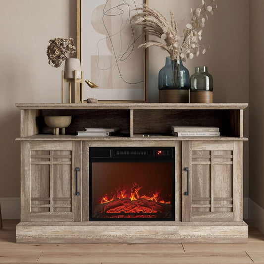 48" TV Stand with 18" Electric Fireplace Heater, Modern TV Stand for Tvs up to 50", Entertainment Media Stand with Open Shelves and Storage Cabinets for Living Room, Bedroom (Ashland Pine)