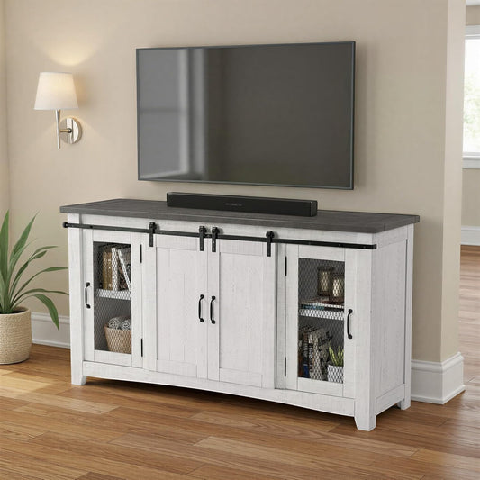 65" Solid Pine Wood Entertainment Center with Storage. Rustic TV Stand for Tvs up to 70." Sliding Doors, Adjustable Shelves & Cable Management – White and Grey Finish