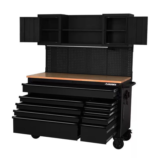 56 In. W X 27.6 In. D 10-Drawer Matte Black Heavy-Duty Mobile Workbench with Pegboard and Top Cabinets