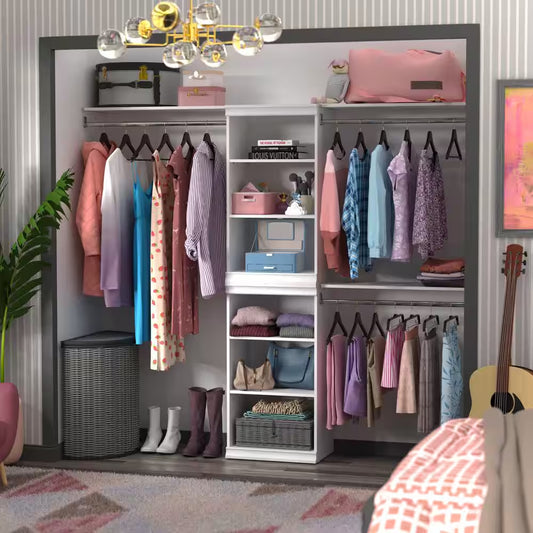 Modular Storage 73.38 In. to 93.43 In. W White Reach-In Tower Wall Mount 8-Shelf Wood Closet System