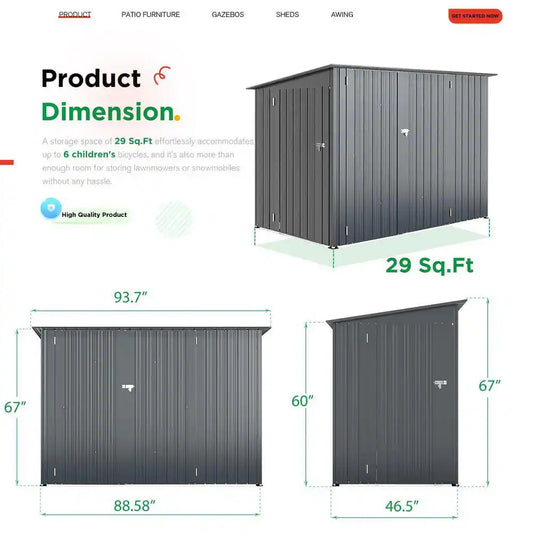 4 Ft. W X 7.5 Ft. D Metal Shed with Triple Lockable Door in Dark Gray (29 Sq. Ft. )