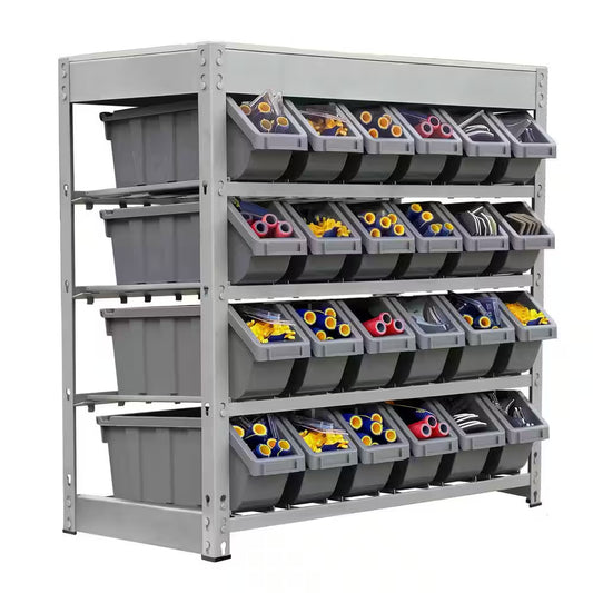 Gray 4-Tier Botless Bin Storage System Garage Storage Rack (24 Plastic Bins in 4 Tier)