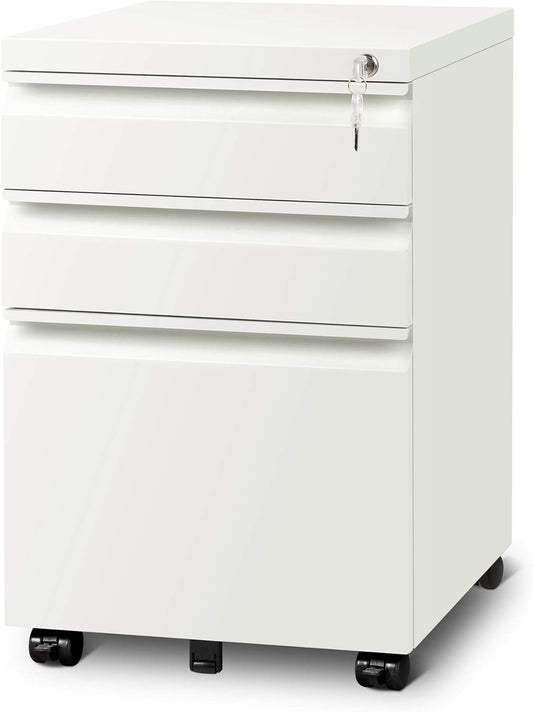 3-Drawer Mobile File Cabinet with Lock, Legal/Letter Size, Carbon White