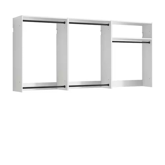 Devi Series 31.5-94. 5In. W White Modular Closet System Wall Mount Double Hanging Rods 1-Shelf Wood Closet System
