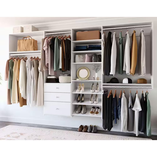 Dual Tower 96 In. W - 120 In. W White Tower System Wall Mount 14-Shelf Wood Closet System