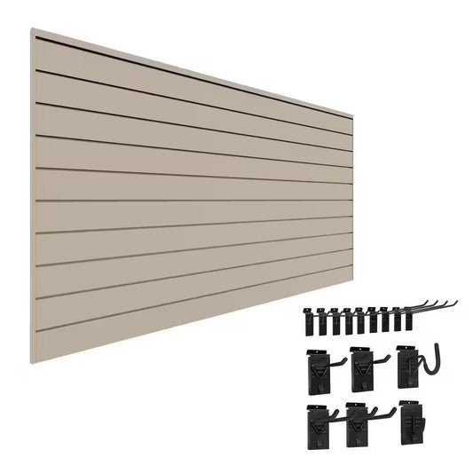 48 In. H X 96 In. W PVC Slatwall Kit with Basic Bundle in Sandstone (15-Piece)