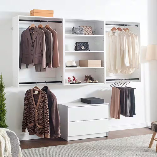 Devi Series 31.5-94. 5In. W White Wall Mount Hanging Rods, Adjustable-Shelves & Drawer Unit 4-Shelf Wood Closet System