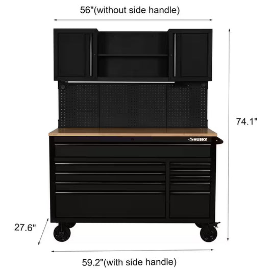 56 In. W X 27.6 In. D 10-Drawer Matte Black Heavy-Duty Mobile Workbench with Pegboard and Top Cabinets