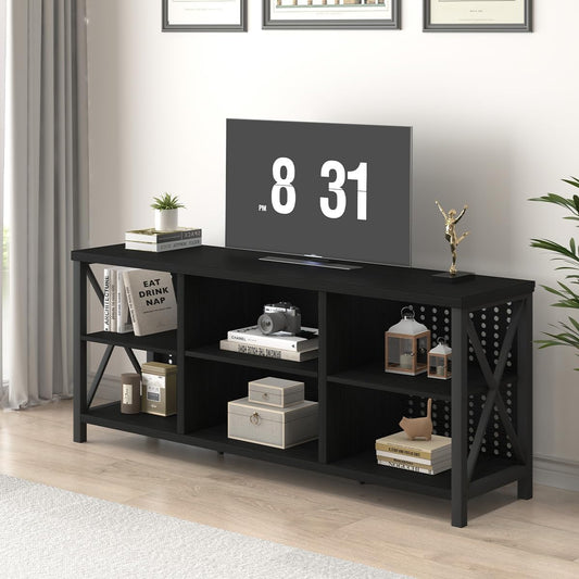 Black Entertainment Center, Modern Wood Metal TV Stand for 65 Inch TV, Industrial Television Stands with Cabinet Storage, Farmhouse Media Console Tables for Home Living Bedroom, Black Oak, 55 Inch