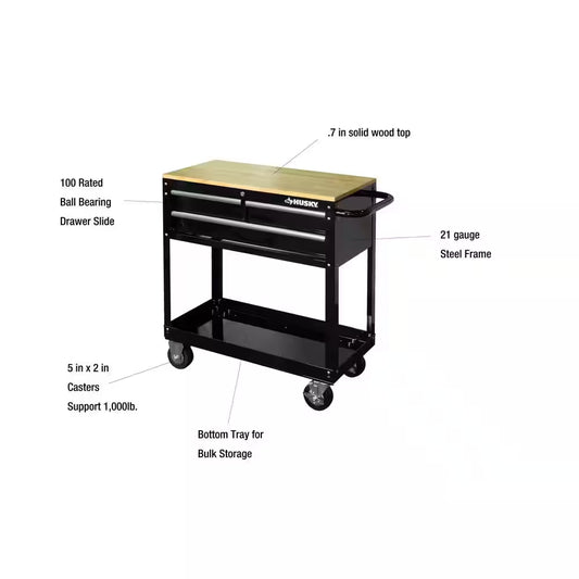 Tool Storage 3-Drawer 36 In. W Standard Duty Gloss Black Rolling Tool Cart with Hardwood Top