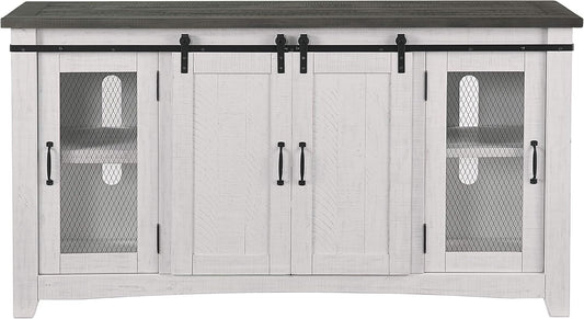 65" Solid Pine Wood Entertainment Center with Storage. Rustic TV Stand for Tvs up to 70." Sliding Doors, Adjustable Shelves & Cable Management – White and Grey Finish