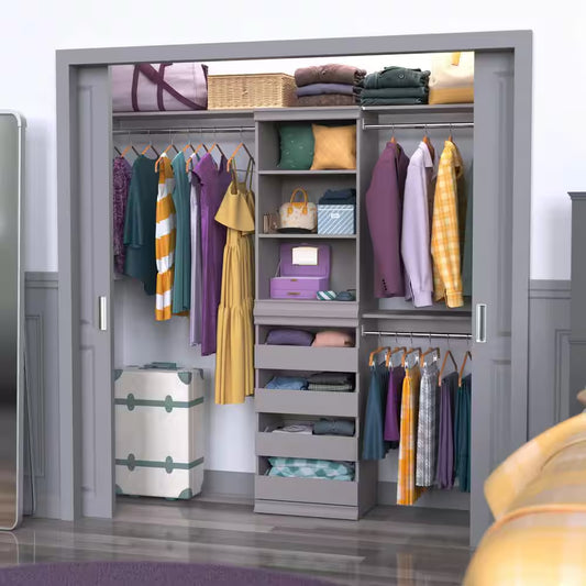 Modular Storage 73.38 In. to 93.43 In. W Smoky Taupe Reach-In Tower Wall Mount 5-Shelf Wood Closet System