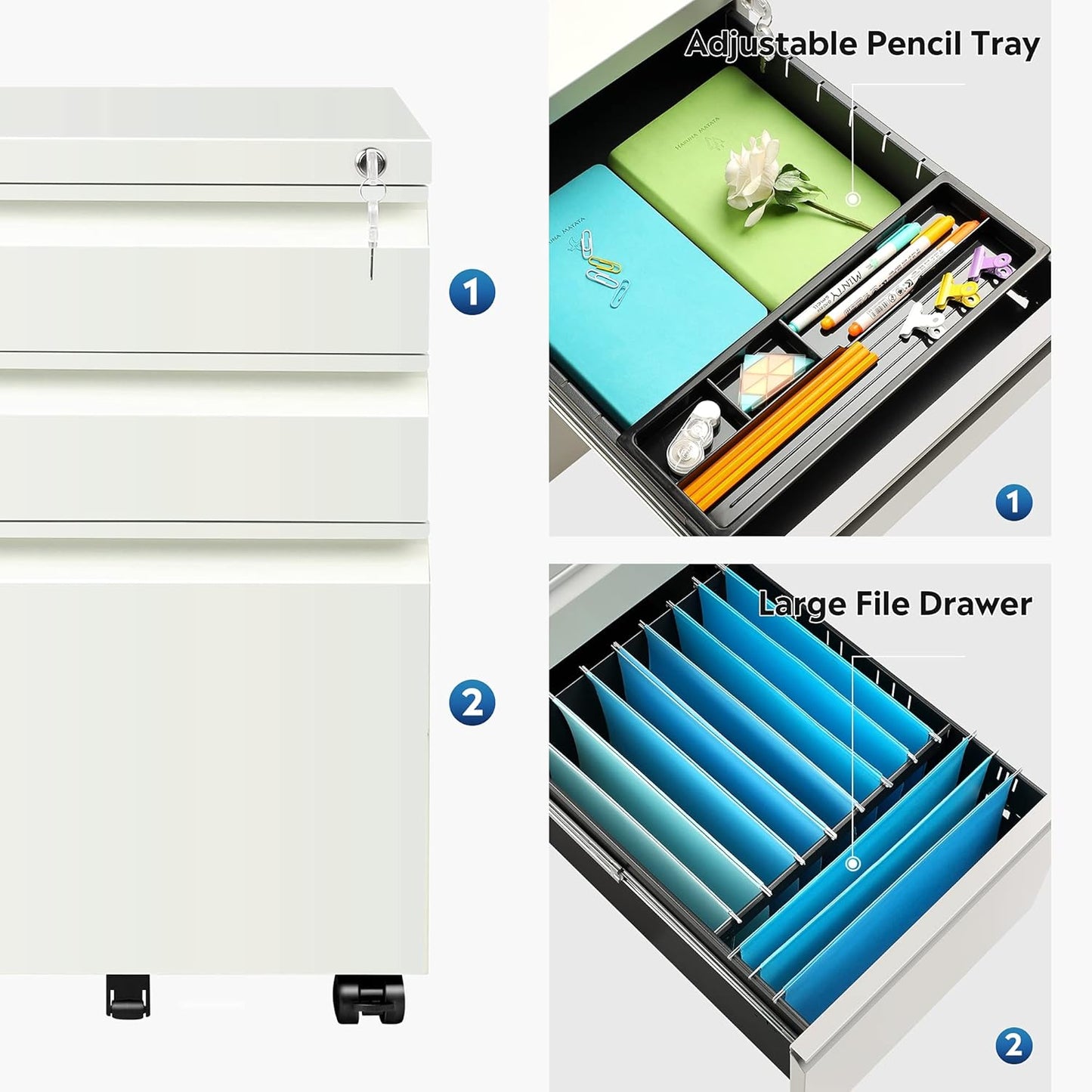 3-Drawer Mobile File Cabinet with Lock, Legal/Letter Size, Carbon White