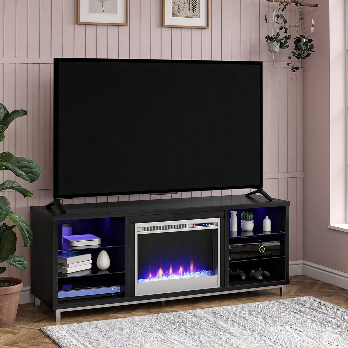 Lumina Fireplace TV Stand, Black Oak, Holds Tvs up to 70", Modern Entertainment Center with RGB LED Lights